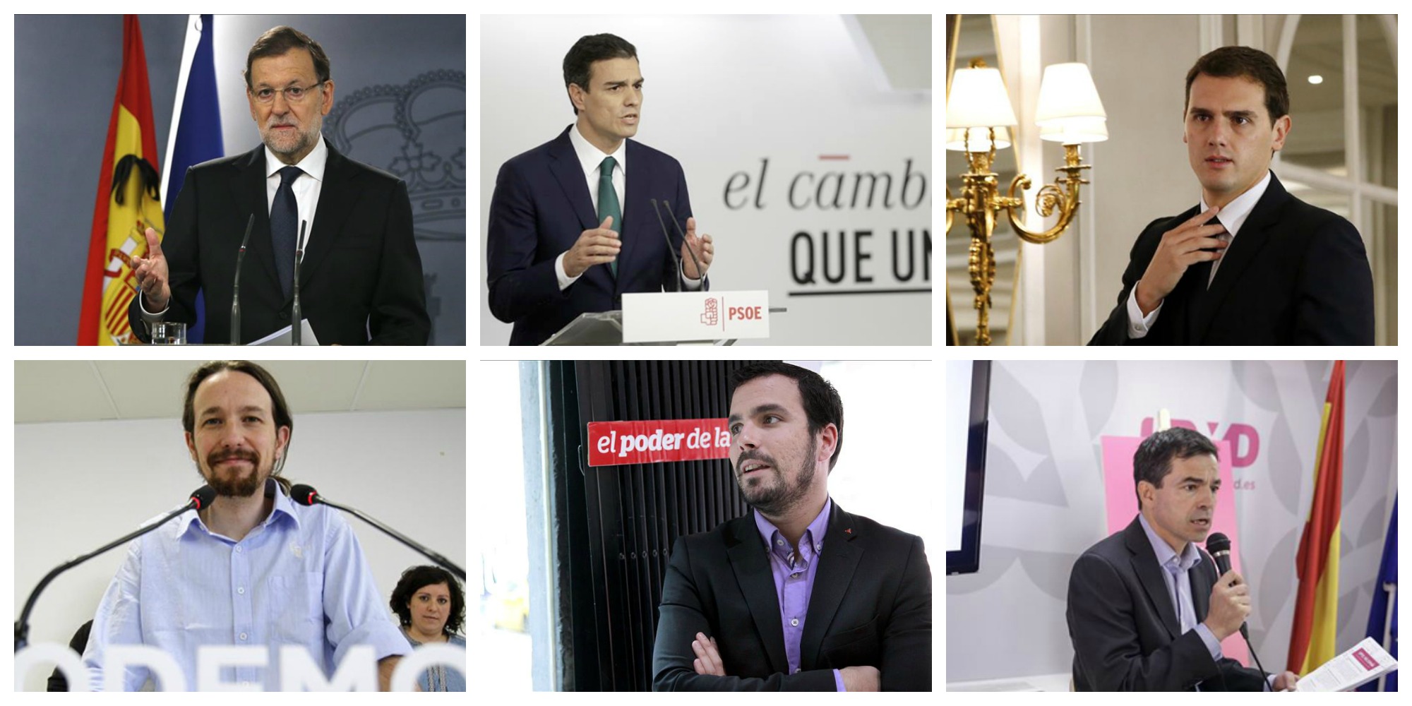 Mariano Rajoy, Pedro Sánchez, Albert Rivera, Pablo Iglesias, Alberto Garzón y Andrés Herzog