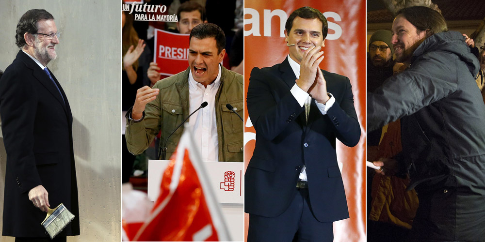 Montaje pegada carteles de M. Rajoy, P. Sanchez, A. Rivera y P. Iglesias.