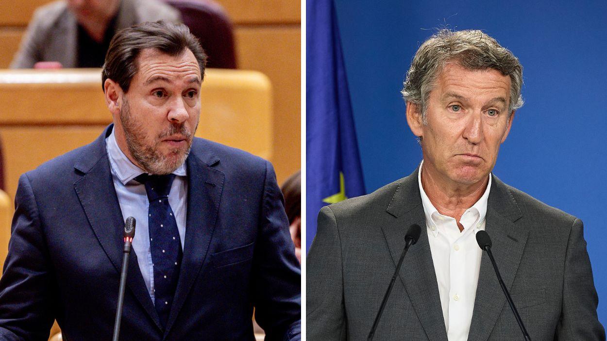 El ministro de Transportes y Movilidad Sostenible, Óscar Puente, y el presidente del PP, Alberto Núñez Feijóo. EP.