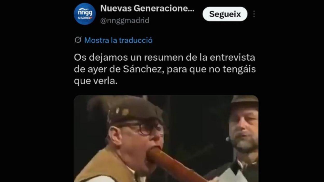 Captura del tweet de Nuevas Generaciones de Madrid. X.