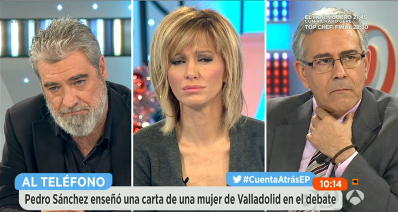 Miguel Ángel Rodríguez escucha junto a Susana Grisso y Toni Bolaño los reproches de Carmen Albillo
