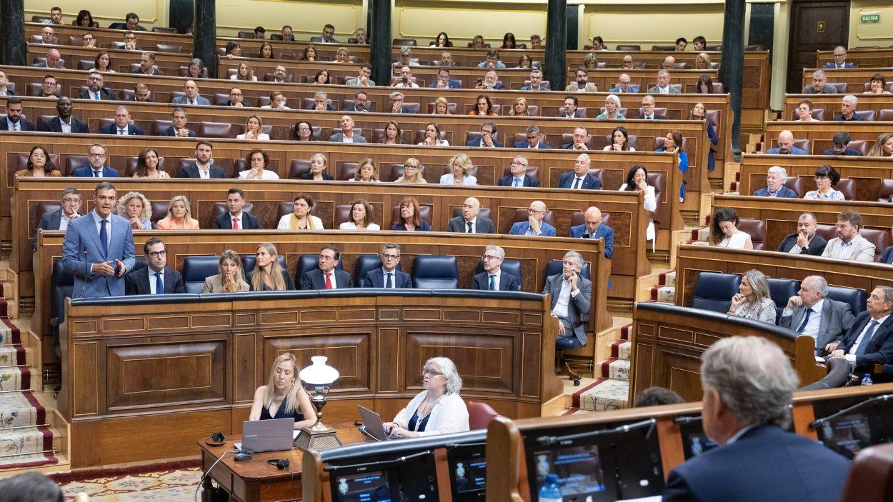 El presidente del Gobierno, Pedro Sánchez, interviene durante una sesión de control al Gobierno. EP.