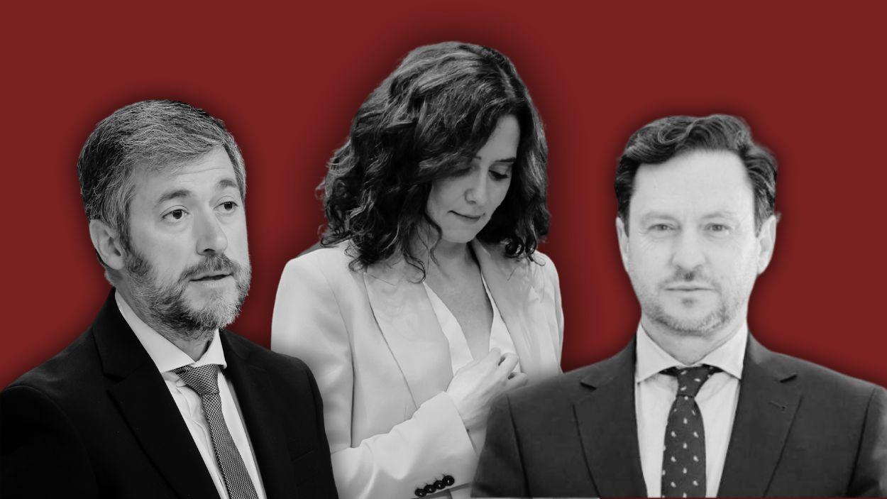 El consejero de Presidencia, Miguel Ángel García Martín; la presidenta de la Comunidad de Madrid, Isabel Díaz Ayuso; y el CEO de Planifica Madrid, Pedro Corbalán. Montaje propio.