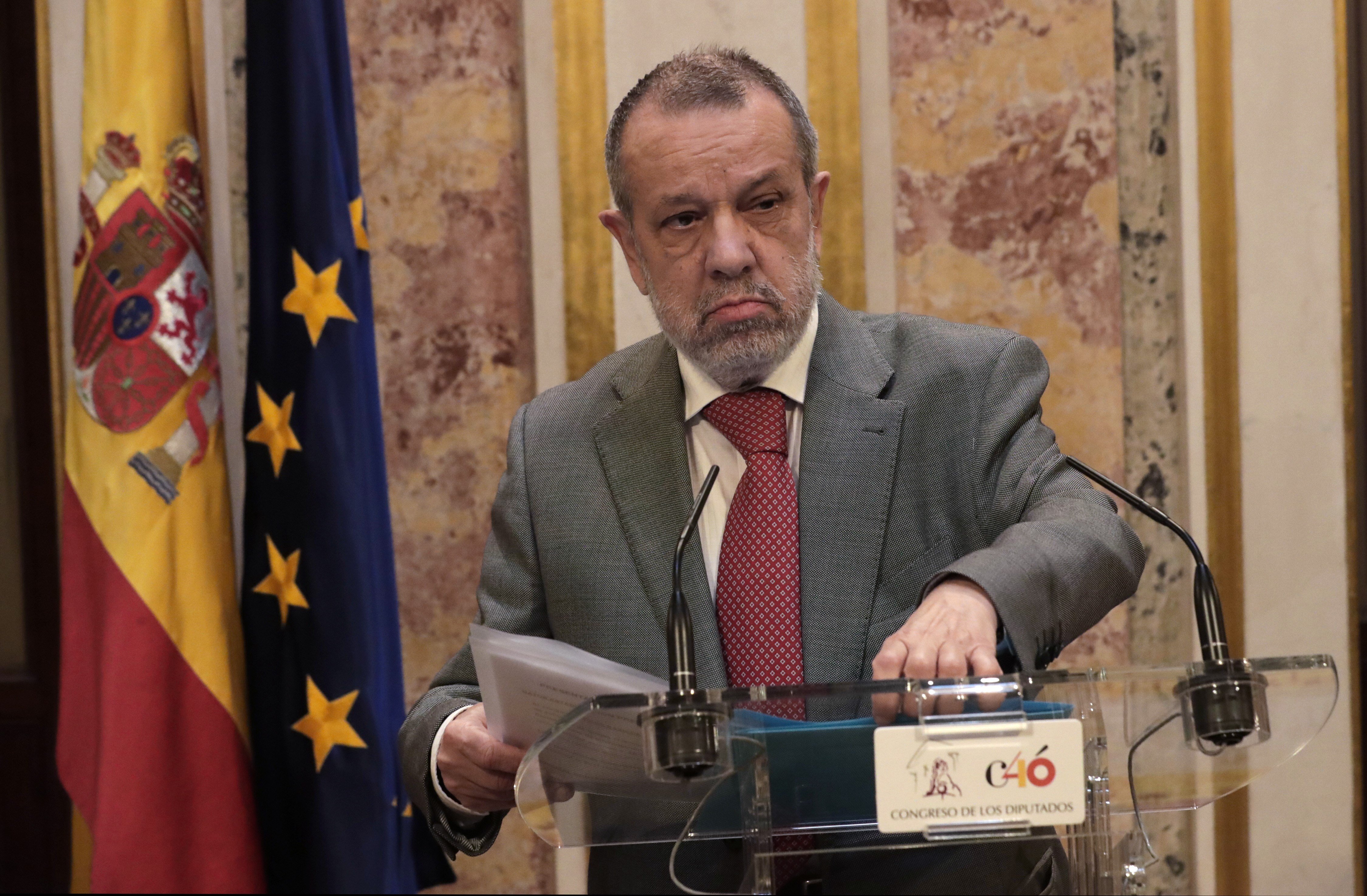 El Defensor del Pueblo en funciones, Francisco Fernández Marugán, durante la presentación del Informe Anual 2017 hoy en el Congreso de los Diputados