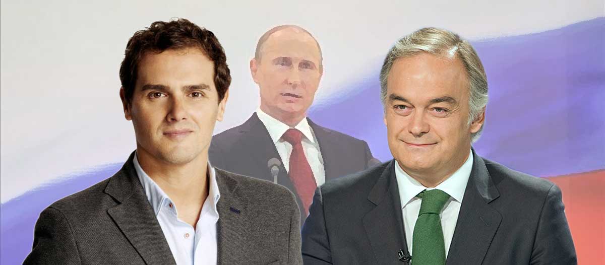 Albert Rivera y Esteban González Pons con Vladimir Putin de fondo