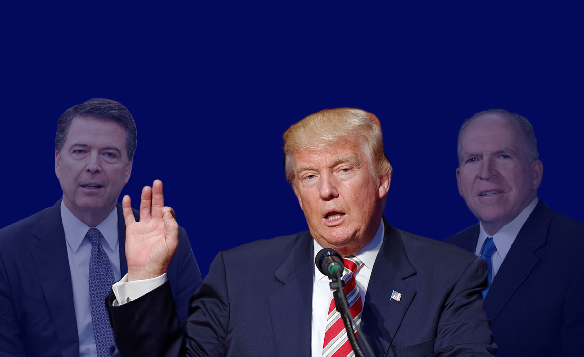 El exdirector del FBI James Comey (izq.), el presidente Donald Trump (cen.) y el expresidente de la CIA John Brennan (der.)