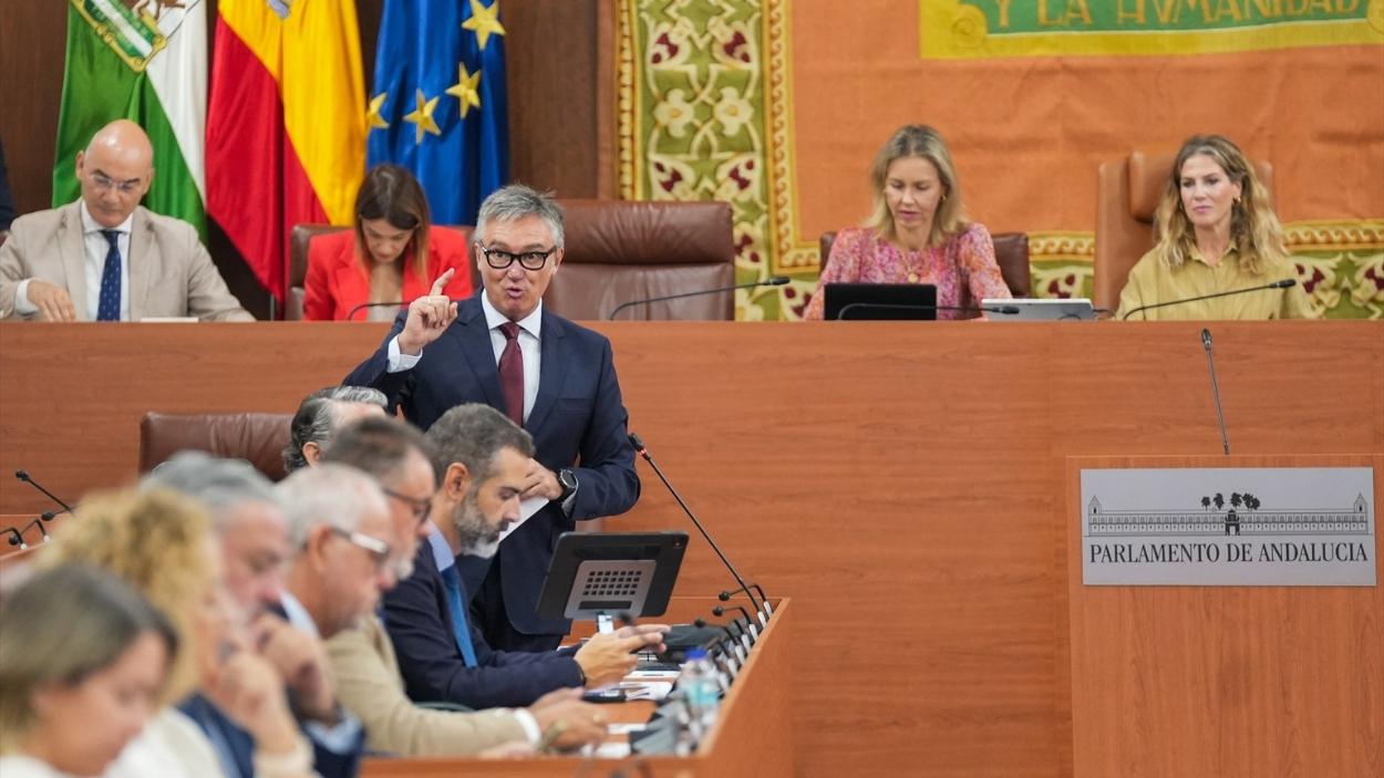 El vicepresidente segundo y consejero Turismo, Justicia, Desregulacion y Adminsitración Local, Manuel Gavira, en su intervención, con la presidenta del Parlamento, Ana Mestre (d.) de fondo / EP