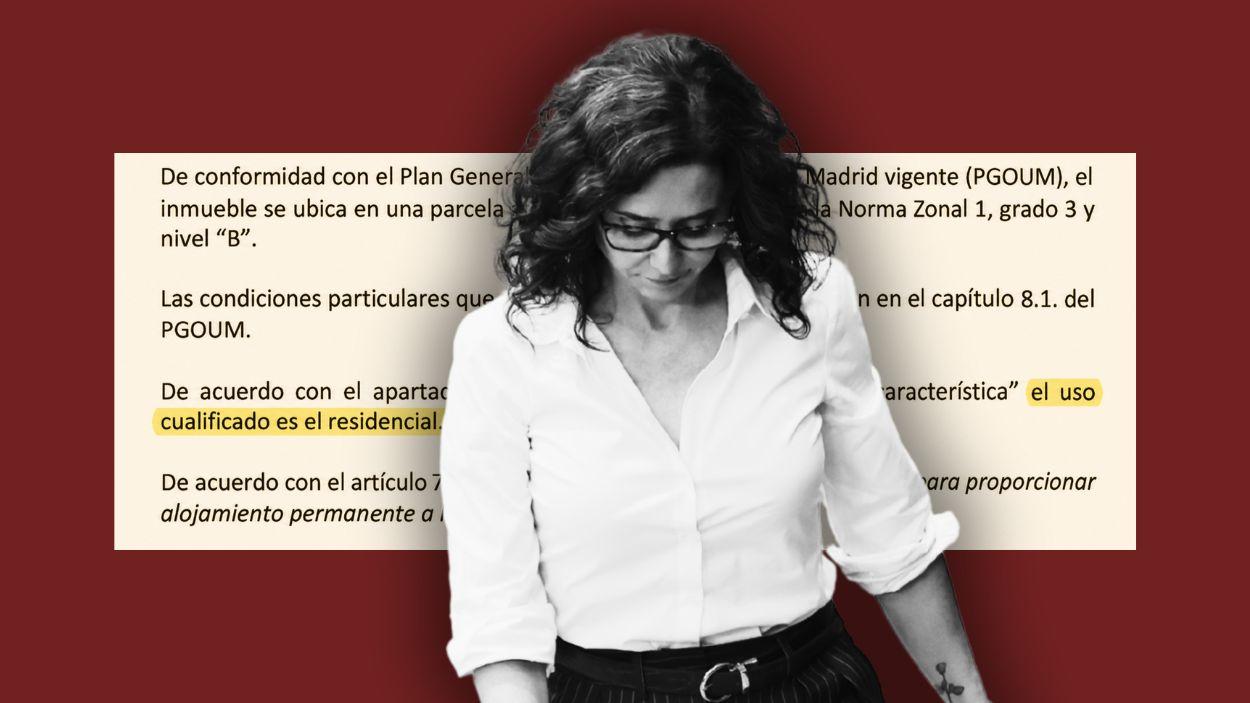 Fotomontaje de la presidenta de la Comunidad de Madrid, Isabel Díaz Ayuso, y parte del expediente del ático. Elaboración propia.