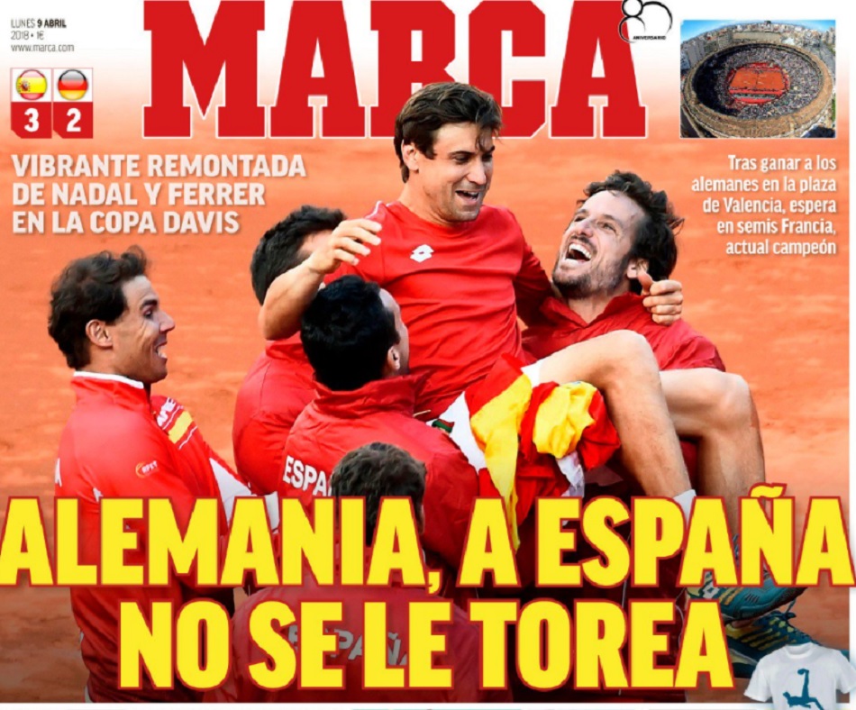 Portada de Marca tras al remontada de España a Alemania en la Copa Davis