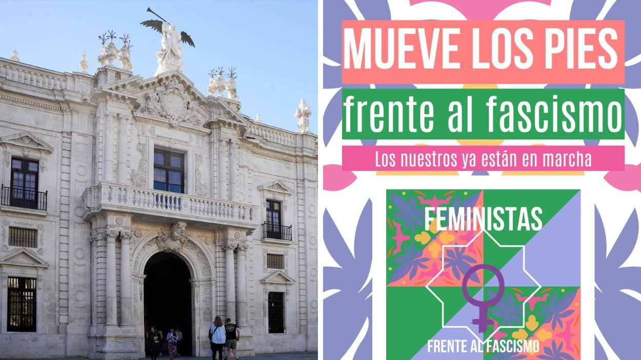 Fachada Universidad de Sevilla y cartel de la convocatoria 