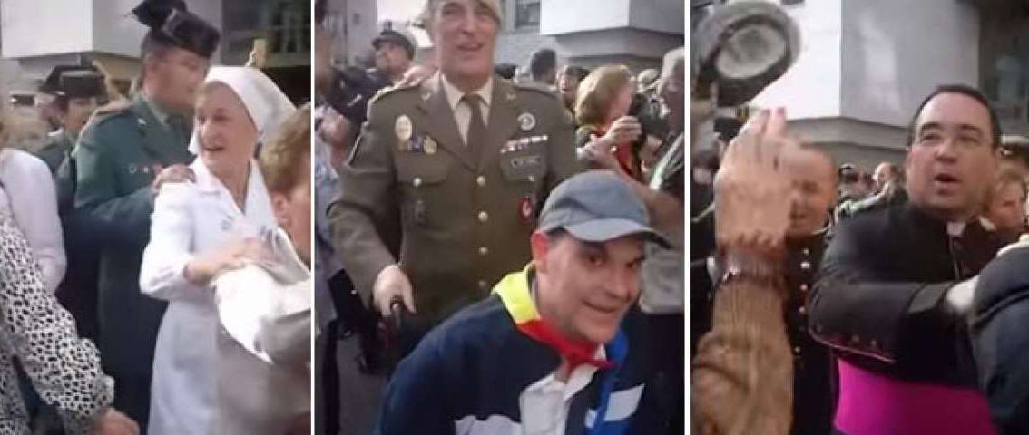 Guardias civiles y curas castrenses en la conga del Viva España en la peregrinación de Lourdes