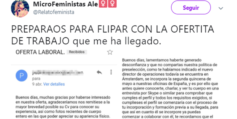 Una joven denuncia en Twitter oferta de trabajo que roza la prostitución