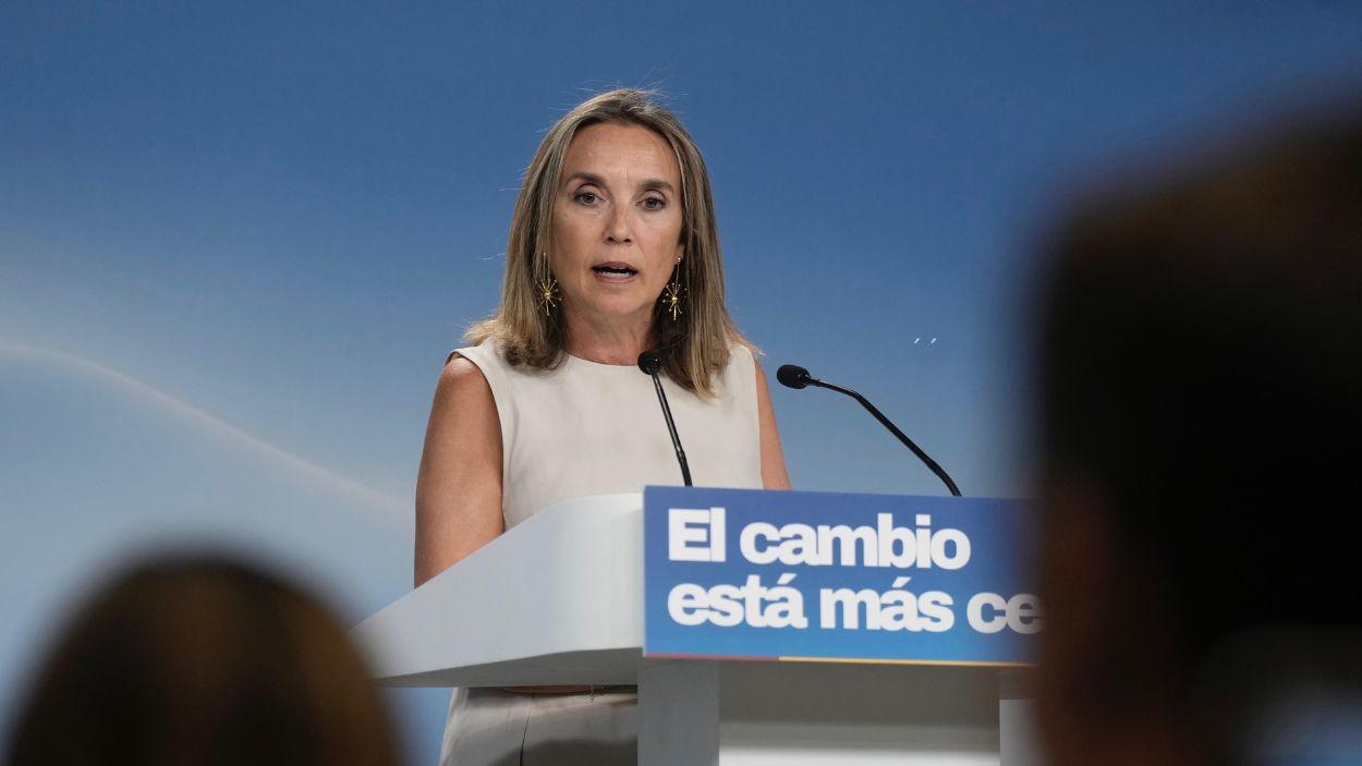 La vicesecretaria de Regeneración Institucional del PP, Cuca Gamarra, en rueda de prensa en la sede del partido en Génova. EP.