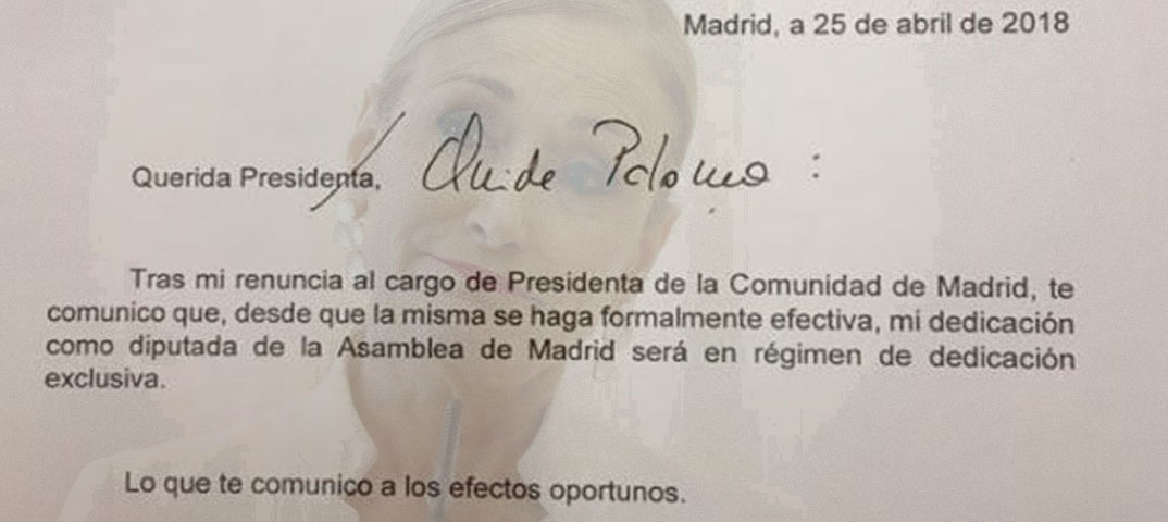 Montaje con comunicación de dimisión de Cifuentes y dedicación exclusiva