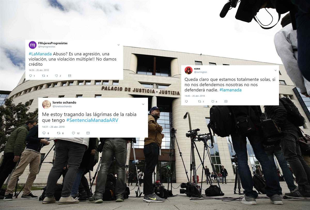 Tuits reaccionando a la sentencia de La Manada sobre imagen de las puertas del tribunal de Pamplona