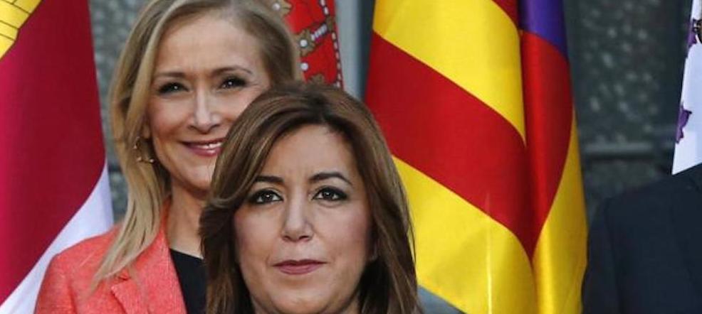 La foto de Cifuentes y Díaz tuiteada por el PP de Madrid con la frase 'Cuando disfrutas de tu trabajo y cuando no'.