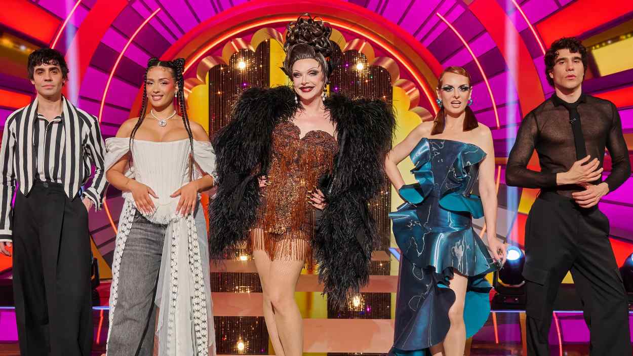 Javier Ambrossi, Chanel, Supremme De Luxe, Ana Locking y Javier Calvo en el plató de Drag Race España (Atresmedia)