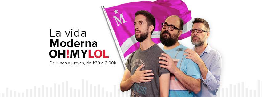 Imagen promocional del programa, con David Broncano, Ignatius Farray y Quequé con la bandera de Moderdonia al fondo