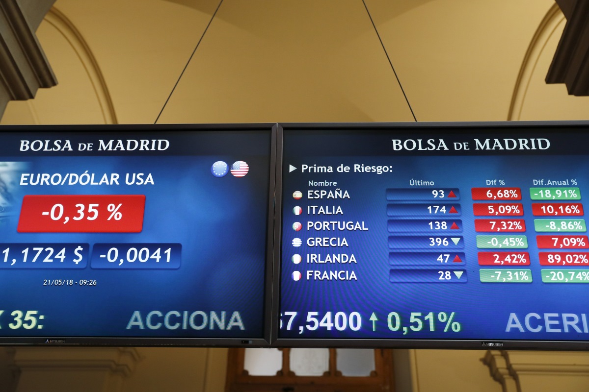 Vista de un panel que marca la evolución de la prima de riesgo española