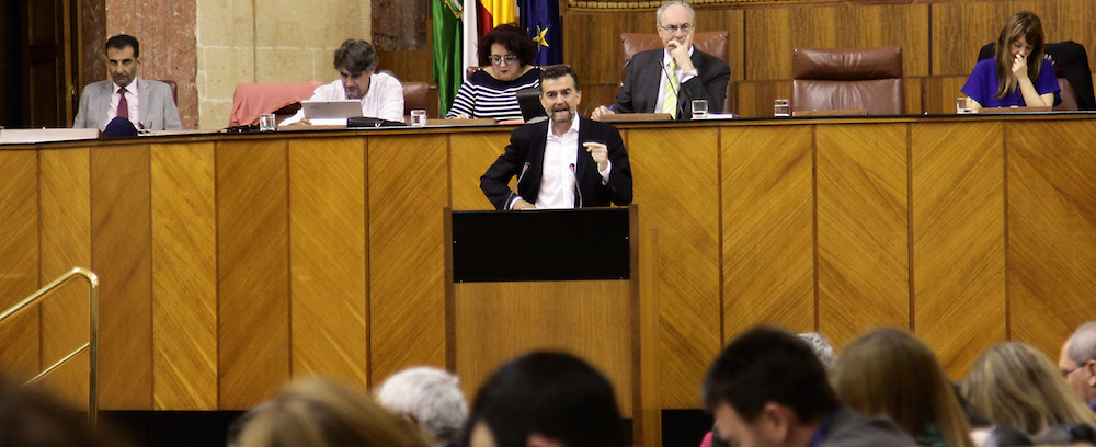 El portavoz de IULV-CA, ayer en la tribuna del Parlamento de Andalucía.