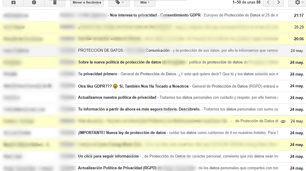 Estos días es habitual recibir numerosos emails pidiendo que aceptes las nuevas condiciones sobre protección de datos. 