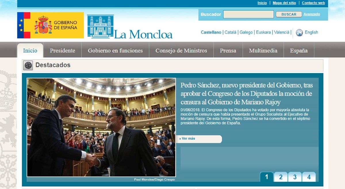 Web de Moncloa elimina a Rajoy como presidente