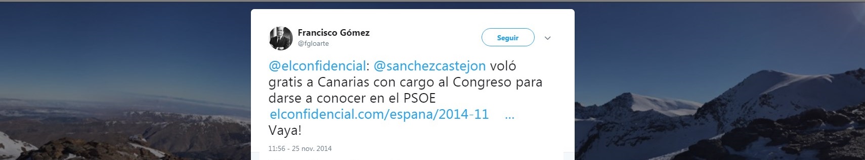 Tuit en el que Francisco Gómez insinúa que Pedro Sánchez usaba viajes del Congreso para temas personales, como su jefe J.A. Monago 