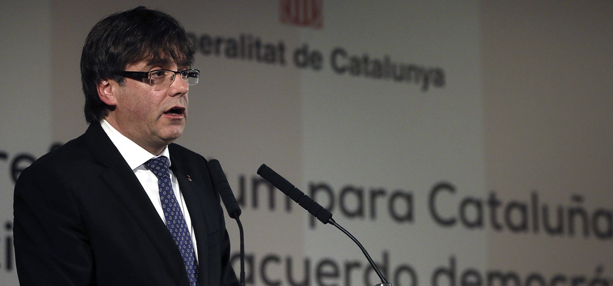 El presidente de la Generalitat, Carles Puigdemont, durante su intervención en la conferencia en Cibeles