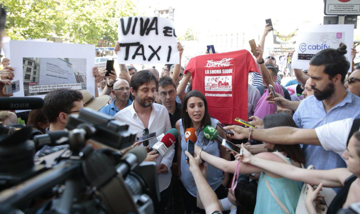 Irene Montero, Rafa Mayoral y Juan Carlos Monedero en Plaza de Castilla el pasado virnes