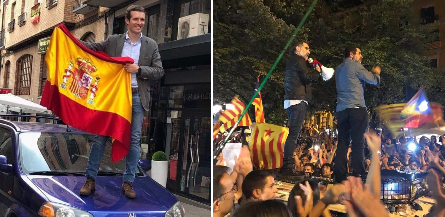 Pablo Casado, subido a un capó, y los Jordis subidos al coche de la Guardia Civil.