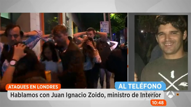 Captura del programa Espejo Público (Antena 3) de la entrevista telefónica a Juan Ignacio Zoido sobre los atentados en Londres