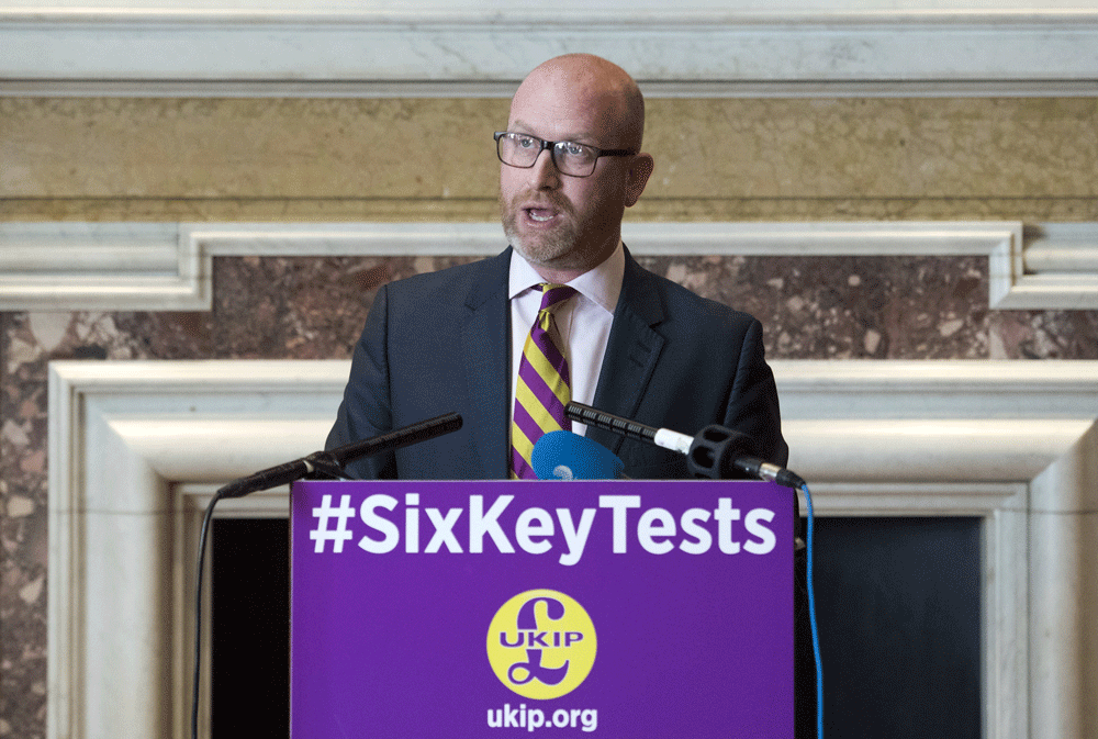Líder del eurófobo UKIP, Paul Nuttall. 