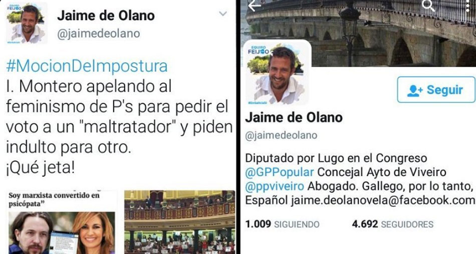 Tuit e información de la cuenta del diputado del PP Jaime de Olano