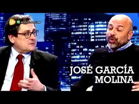 El secretario general de Podemos y vicepresidente del Parlamento de Castilla-La Mancha, José García Molina, en El Cascabel, de 13TV, debatiendo con Francisco Marhuenda. 