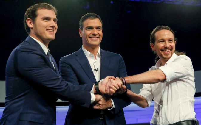 Albert Rivera, Pedro Sánchez y Pablo Iglesias durante un debate electoral. 