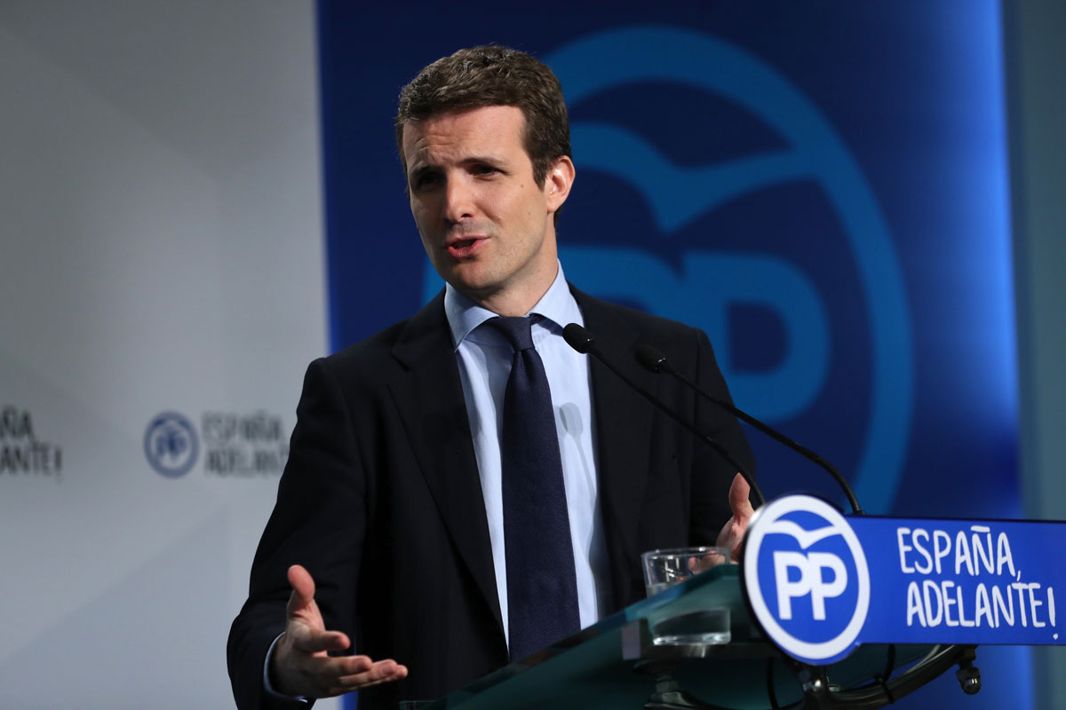 El vicesecretario de Comunicación del Partido Popular, Pablo Casado,durante la rueda de prensa que ofreció en la sede de Génova tras la reunion del Comité de Dirección del PP. EFE