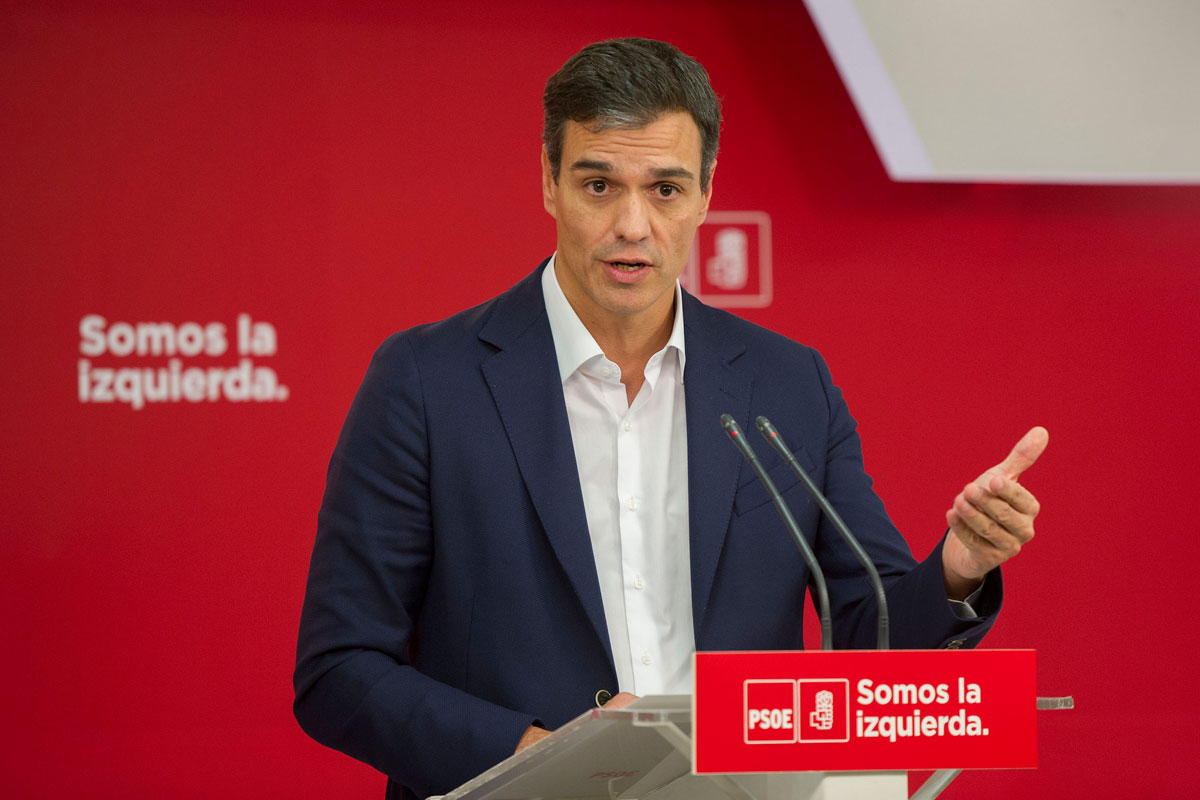 El secretario general del PSOE, Pedro Sánchez, durante una rueda de prensa en la sede de Ferraz