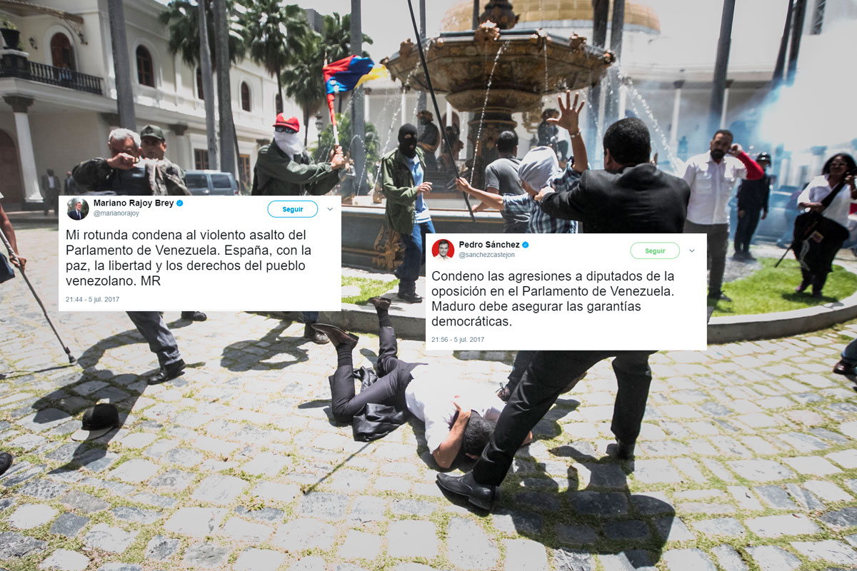 El diputado Armando Armas (c) es golpeado por manifestantes en el piso en la Asamblea Nacional venezolana / tuits de Rajoy y Sánchez