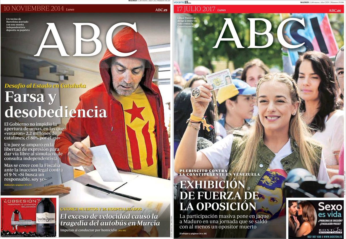 Portadas ABC sobre Venezuela y Cataluña 