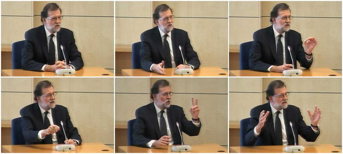 Imágenes capturadas de la señal de vídeo institucional que muestran al presidente del Gobierno, Mariano Rajoy, durante su declaración como testigo en la Audiencia Nacional. 