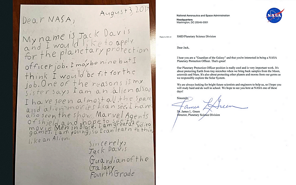 Las dos cartas, del pequeño y de la NASA, publicadas por la agencia estadounidense en sus redes sociales.