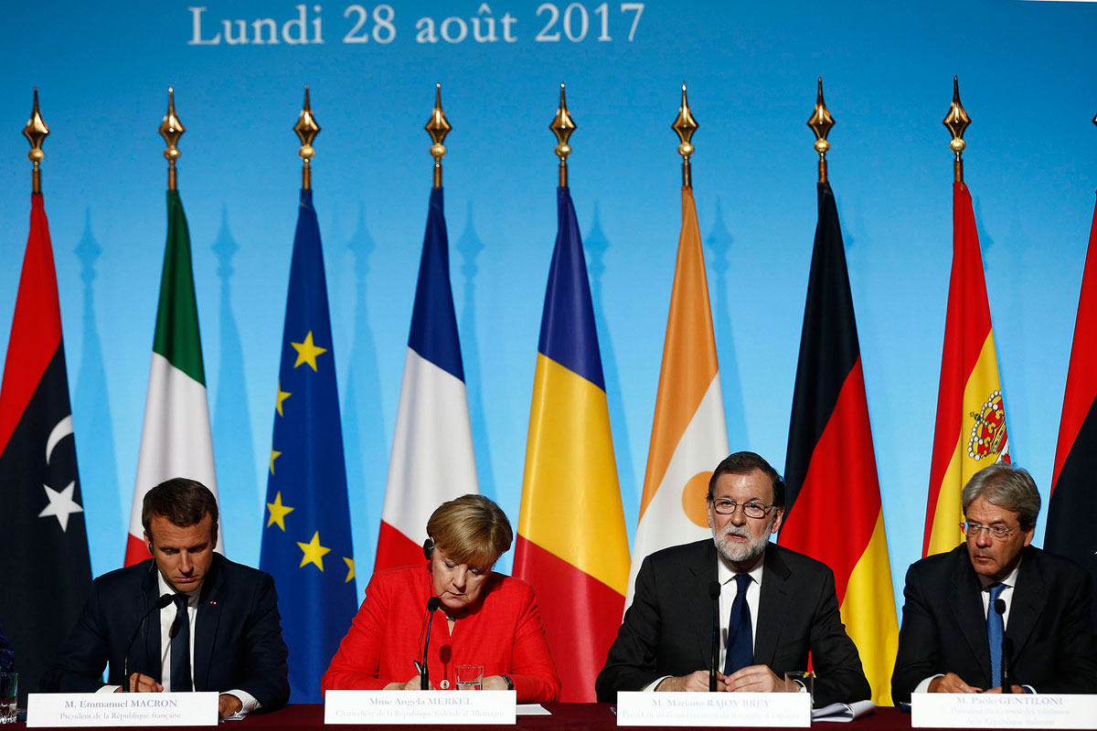 Macron, Merkel, Rajoy, y Gentiloni, durante la reunión del G-4 en París
