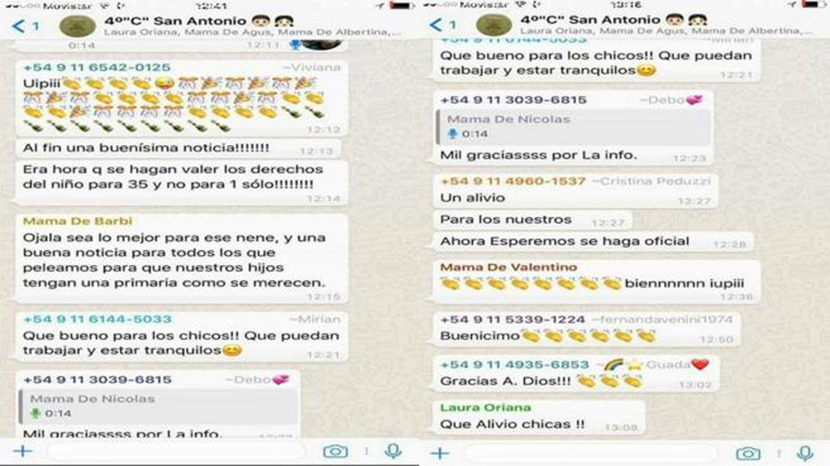 Mensajes de satisfacción de un grupo de madres en Whatsapp por el cambio de clase de un niño con Asperger. 