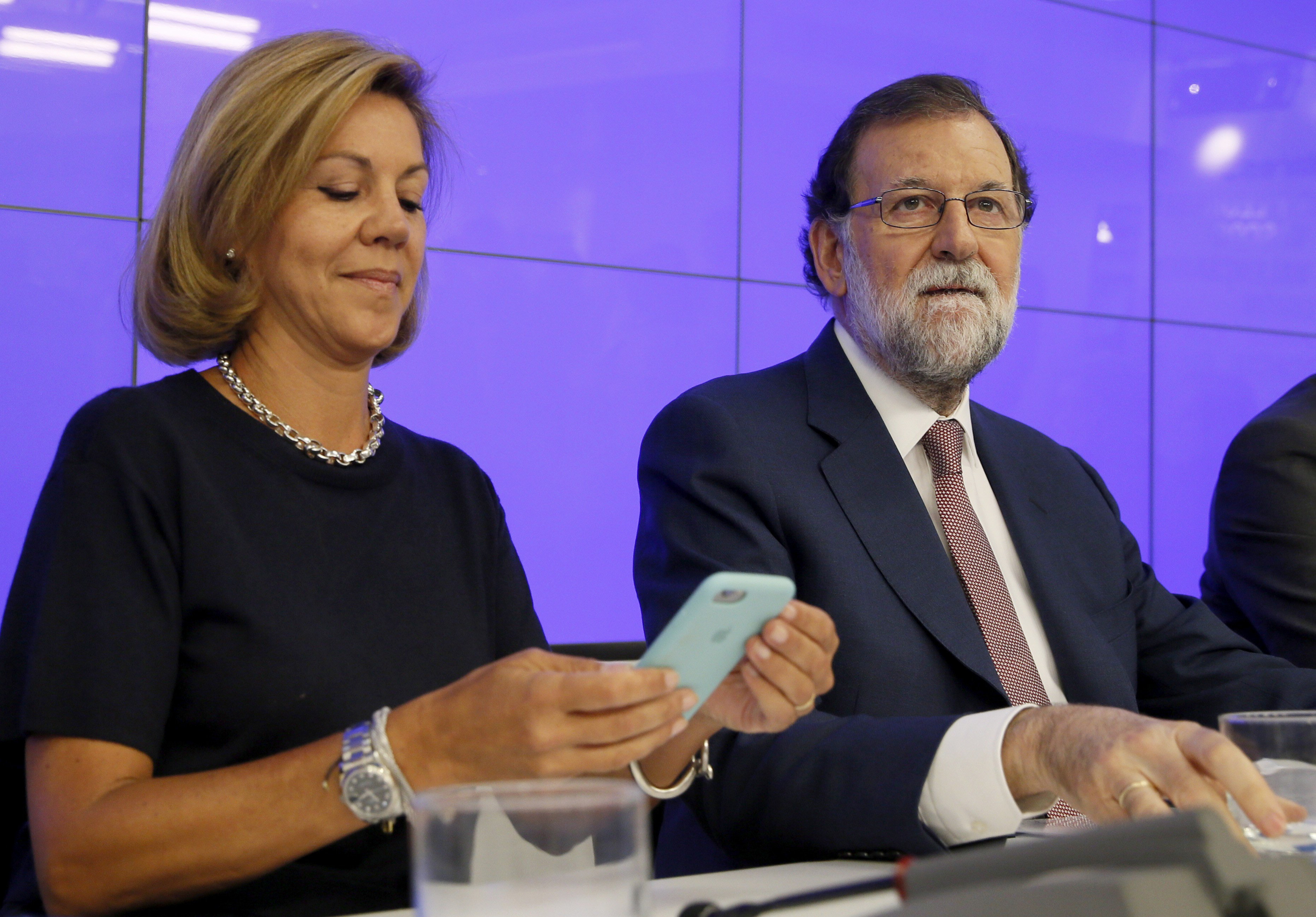Mariano Rajoy y María Dolores de Cospedal presidiendo una reunión en Génova 13, sede delPP