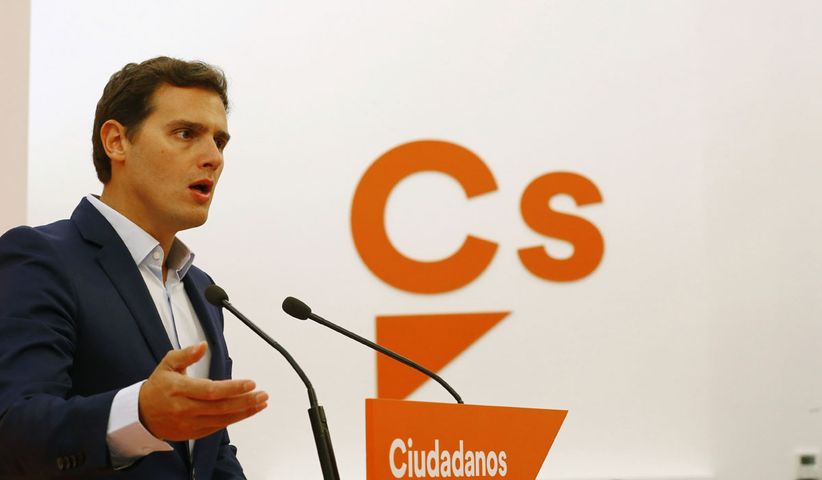 El presidente de Ciudadanos, Albert Rivera, durante la rueda de prensa que ha ofrecido tras la reunión de la Ejecutiva de Ciudadanos