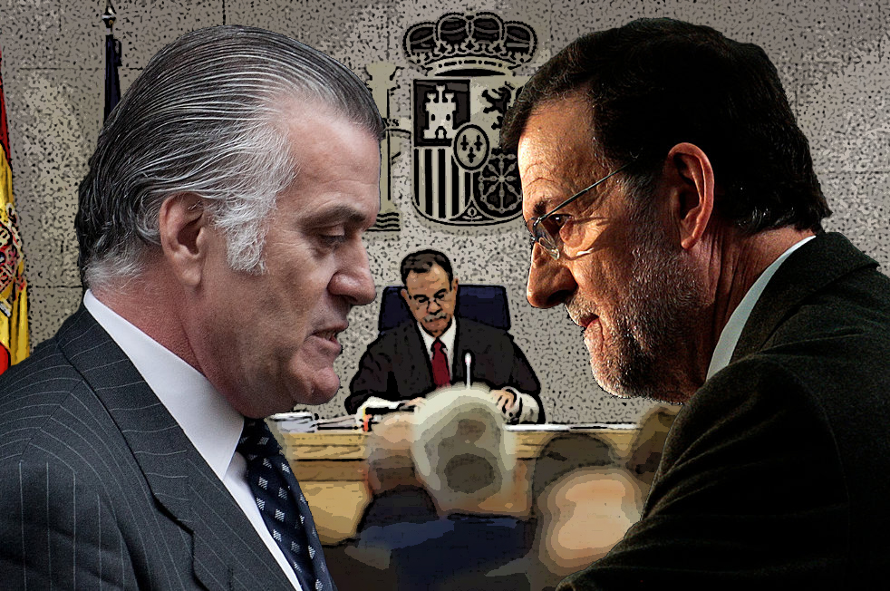 Fotomontaje de Luis Bárcenas y Mariano Rajoy con el tribunal que juzga Gürtell al fondo