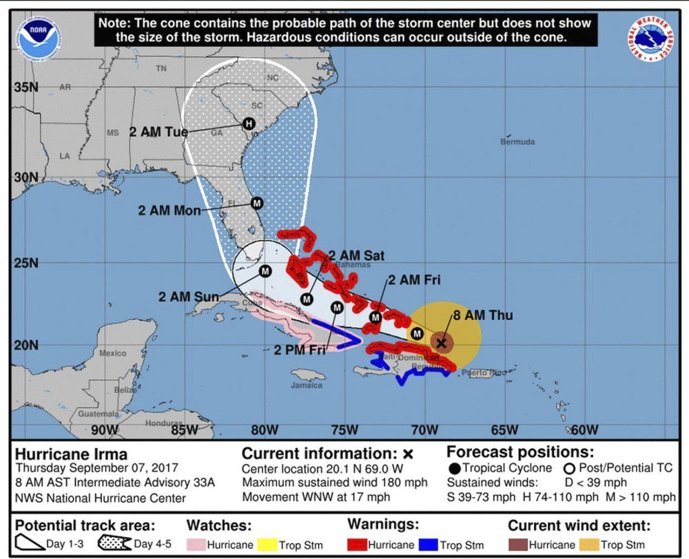 Fotografía facilitada por la Agencia Nacional de Océanos y Atmósfera de Estados Unidos (NOAA), que muestra datos y alertas sobre la trayectoria prevista del huracán Irma. 