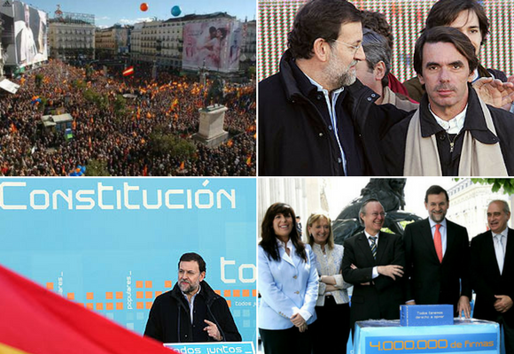 Imágenes de la manifestación del PP en Sol en 2005 y la entrega de firmas contra el Estatut