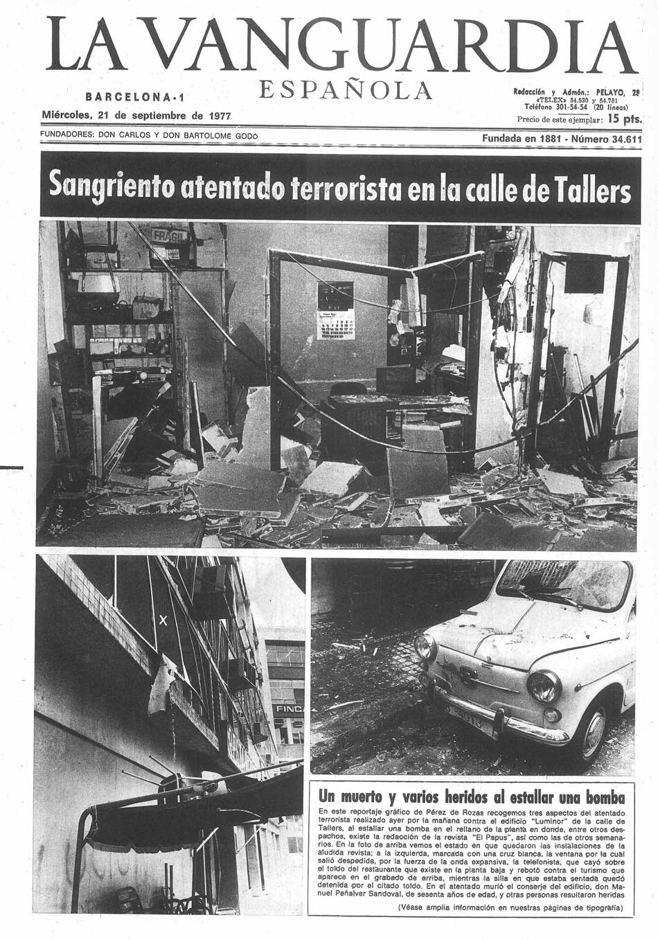 Portada de La Vanguardia con el atentado a la revista El Papus