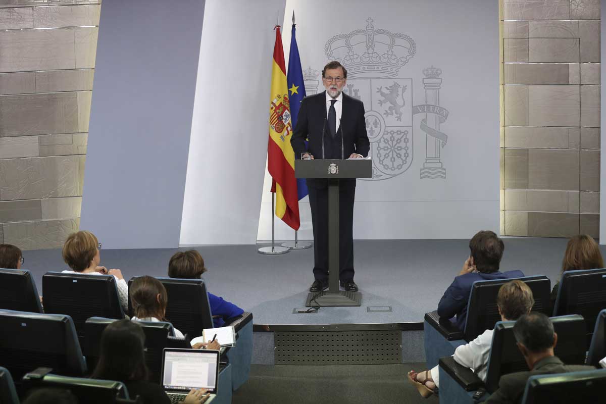 El presidente del Gobierno, Mariano Rajoy, durante su comparecencia esta tarde en el Palacio de La Moncloa. 